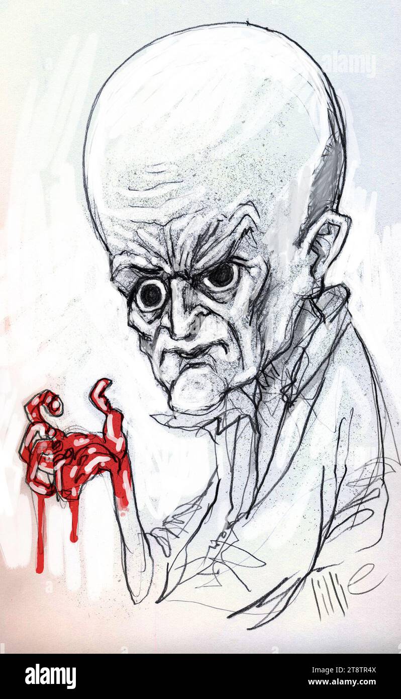 Caricature satirique au cours de l’enquête sur le Covid, Dominic Cummings a critiqué les conservateurs comme ayant du sang sur les mains, beaucoup pensaient qu’il était tout aussi coupable Banque D'Images