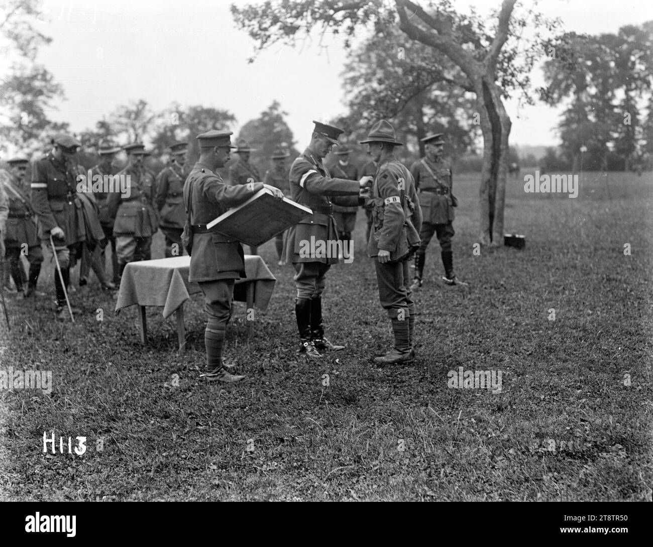 Remise des médailles par le général Godley, le général Godley remet une médaille à un soldat lors d'une cérémonie spéciale décorant des hommes de la Division Nouvelle-Zélande. Photographie prise le 8 juillet 1917 Banque D'Images