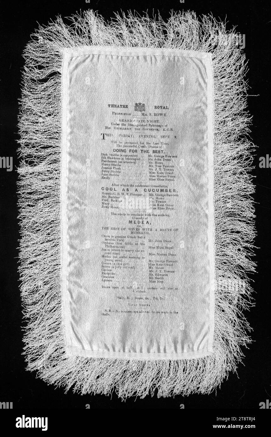 Theatre Royal (Auckland, Nouvelle-Zélande) : Grand State Night sous le patronage distingué de son Excellence le Gouverneur. Ce (vendredi) soir, le 9 septembre, sera présenté pour la dernière fois, le drame comique réussi de faire pour le meilleur .. Cool comme un cucu, arrangement de texte avec bordure frangée. Les membres de la distribution sont George Fawcett, John Dunn, MR Howe, Tom Fawcett, J T Towers, Mlle Kate Grant, Mlle Marian Dunn, Mlle Eliza Royal, M. Edwards, M. Smith, Mlle May Banque D'Images