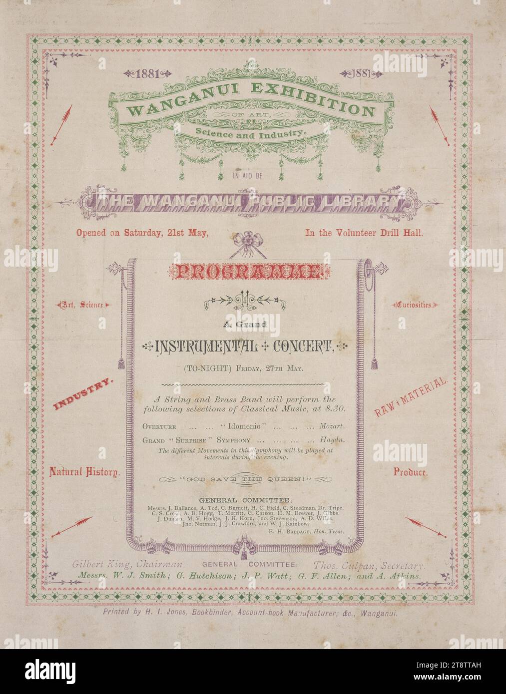 Wanganui, exposition néo-zélandaise d'art, de science et d'industrie, au profit de la bibliothèque publique de Wanganui, Nouvelle-Zélande. Ouvert le samedi 21 mai, dans la salle d'exercice des volontaires, 1881. Programme, un grand concert instrumental. Ce soir, vendredi 27 mai. Imprimé par H i Jones, relieur, un arrangement de différents types de textes, avec une bordure décorative. Gilbert King était président du comité général, Thomas Culpan le secrétaire, et les membres du comité étaient : MM. W J Smith, G Hutchison, J P Watt, G F Allen, et A Atkins. Banque D'Images