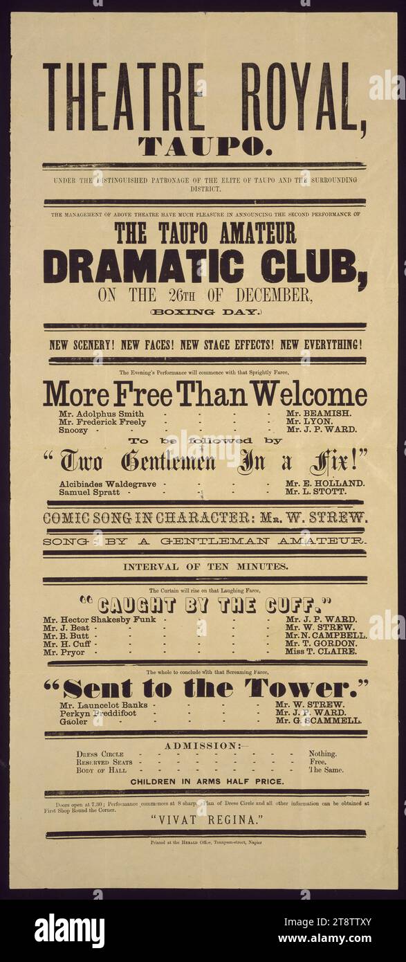 Théâtre Royal, Taupo : le Taupo amateur Dramatic Club le 26 décembre .. Commencera par cette farce arrogante, plus libre que bienvenue .. A suivre par deux messieurs dans un fix! .. Attrapé par la manchette, .. Envoyé à la tour. 1879, Arrangement du texte Banque D'Images