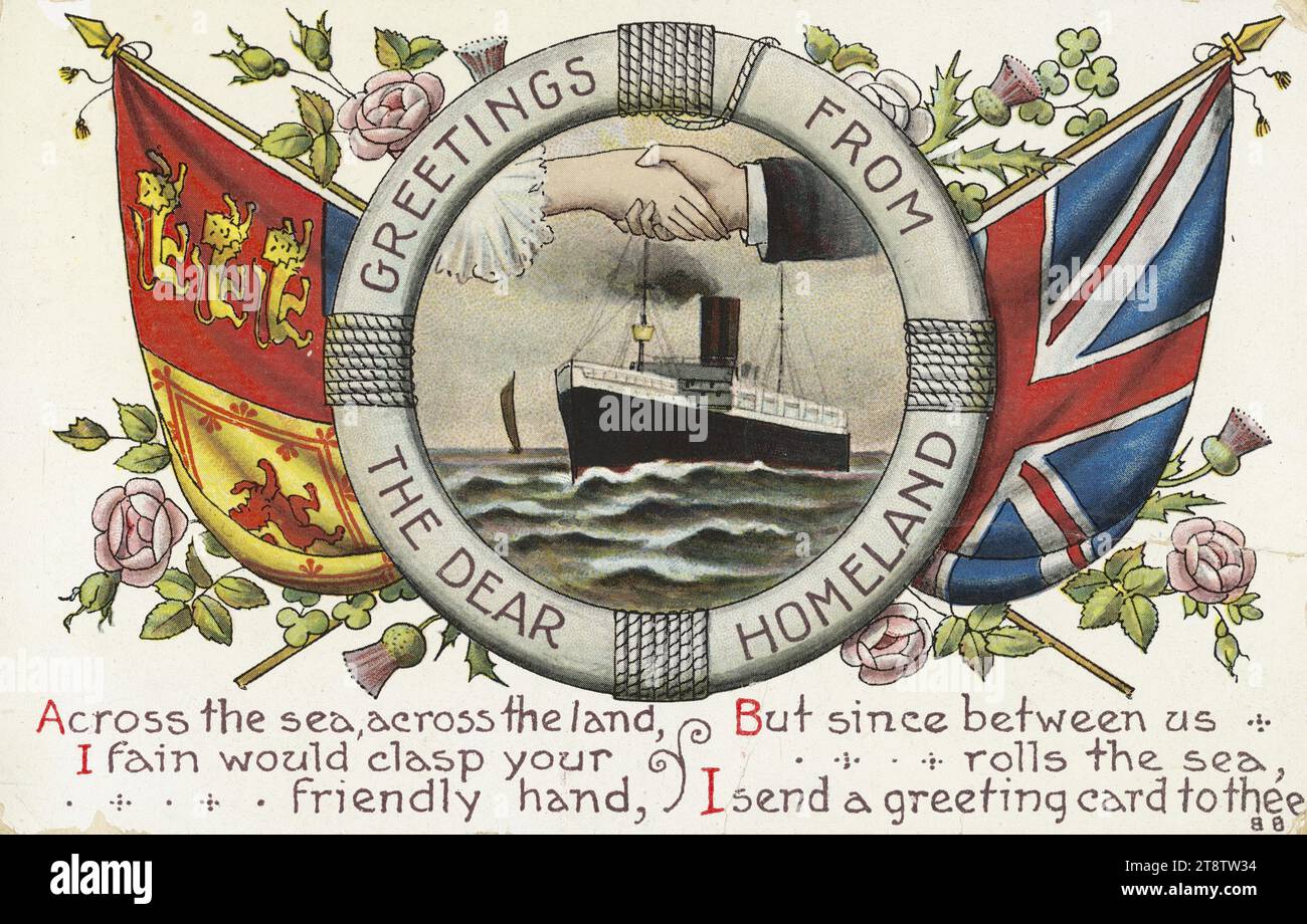 Carte postale. Salutations de la chère Patrie. Wildt & Kray, Londres, N.W. série no 1819. Imprimé en Angleterre. 1910, la carte montre un bateau à vapeur à l'intérieur d'une ceinture de sauvetage, avec les mains d'un homme et d'une femme serrées au-dessus. La ceinture de sauvetage est flanquée de l'Union Jack et du drapeau royal avec des lions rampants, ainsi que des roses et des chardons d'Angleterre et d'Écosse. Le verset ci-dessous se lit comme suit : «à travers la mer, à travers la terre, je fain agripperais votre main amicale, / mais comme entre nous roule la mer, je t'envoie une carte de voeux Banque D'Images