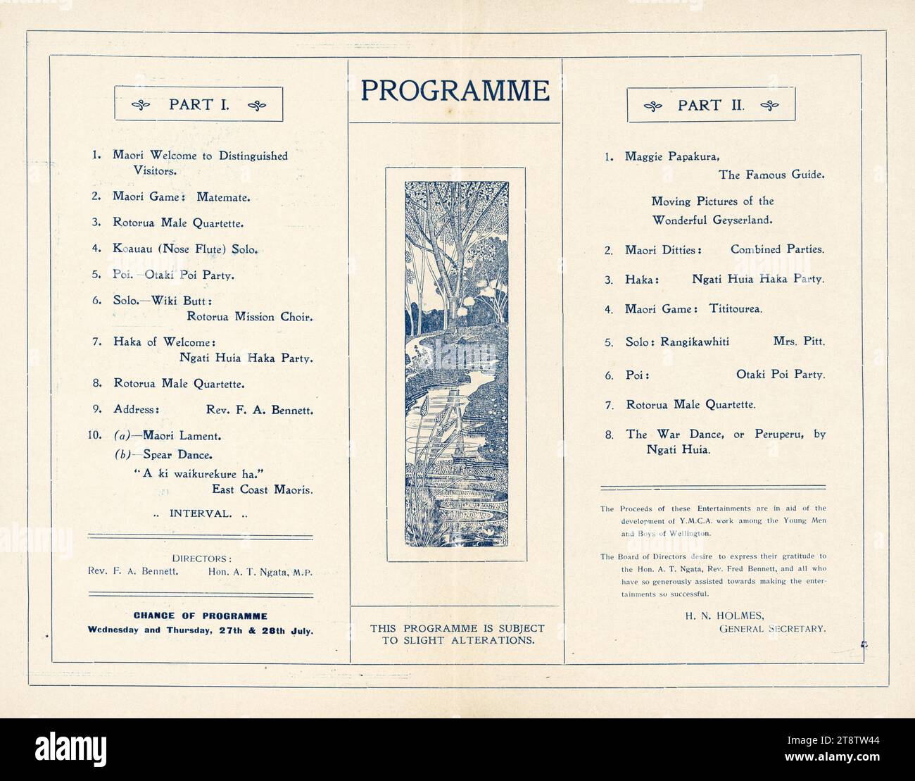 Divertissement maori, Hôtel de ville, Wellington, Nouvelle-Zélande, mardi, 26 juillet 1910. Partie I et partie II du programme 1910, le Rotorua Maori Mission Choir a été assisté par Otaki POI Party, Ngati Huia Haka Party et East Coast Waiata et Haka Party. Maggie Papakura et Mrs Pitt ont joué en solo. Les articles comprenaient les jeux maoris Matemate et Tititourea, la Rotorua Male Quartette, un solo Koauau (flûte de nez), des danses POI, des chants de lamentation et une danse de guerre ou Peruperu de Ngati Huia Banque D'Images