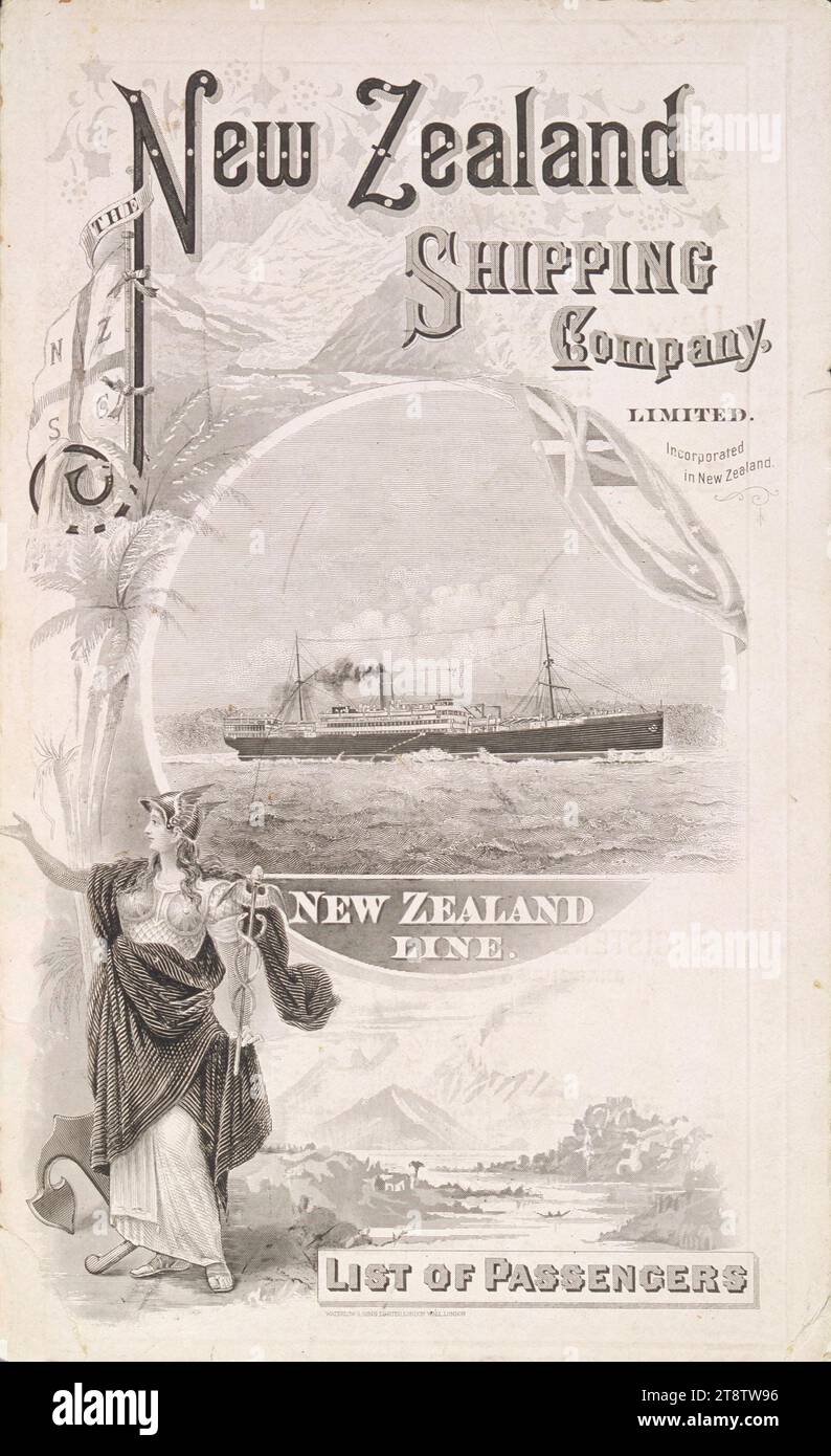 New Zealand Shipping Company Limited : New Zealand Line. Liste des passagers. Couvercle. CA 1910?, montre un encart d'un bateau à vapeur au centre, avec un portrait en pied d'une déesse avec un casque ailé, portant un bâton avec des serpents et une tête d'aigle. Le drapeau de la compagnie est vu en haut à gauche, une montagne en haut et une scène de lac en bas Banque D'Images