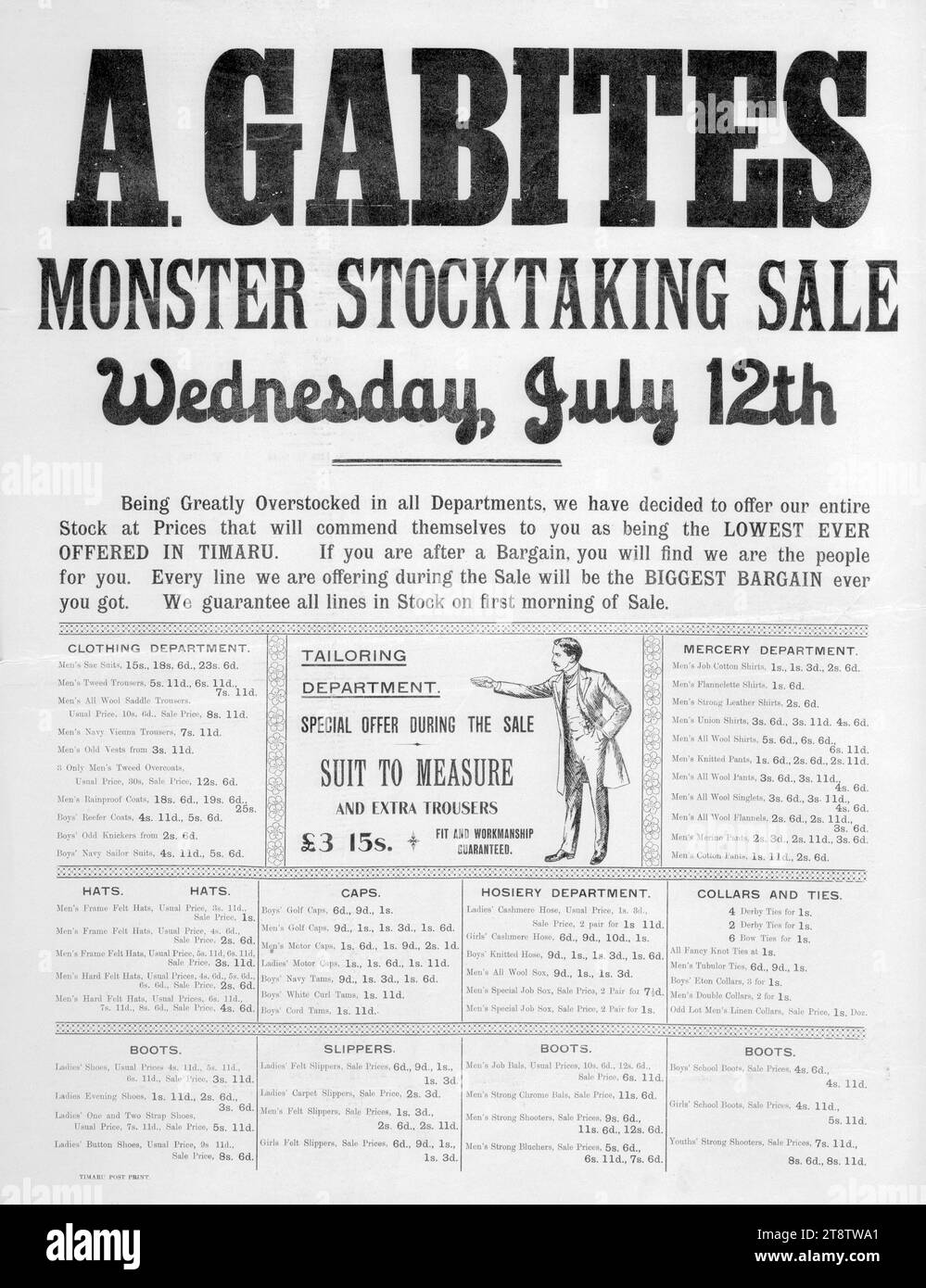 A. Gabites (Timaru) : Vente de bilan monstre, mercredi 12 juillet. Timaru Post Print 1880s?, texte listes de bonnes affaires dans le département de vêtements, département de mercery, chapeaux, bonneterie, cols et cravates, bottes et pantoufles Banque D'Images