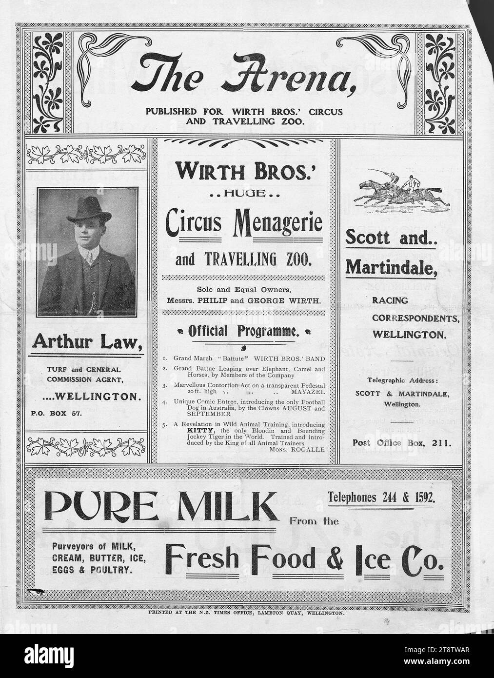 L'immense ménagerie de cirque et le zoo itinérant de Wirth Bros. Propriétaires uniques et égaux, MM. Philip et George Wirth. Programme officiel. Capot avant. 1903, en tête de page : 'The Arena, publié pour Wirth Bros.' Cirque et zoo itinérant Banque D'Images