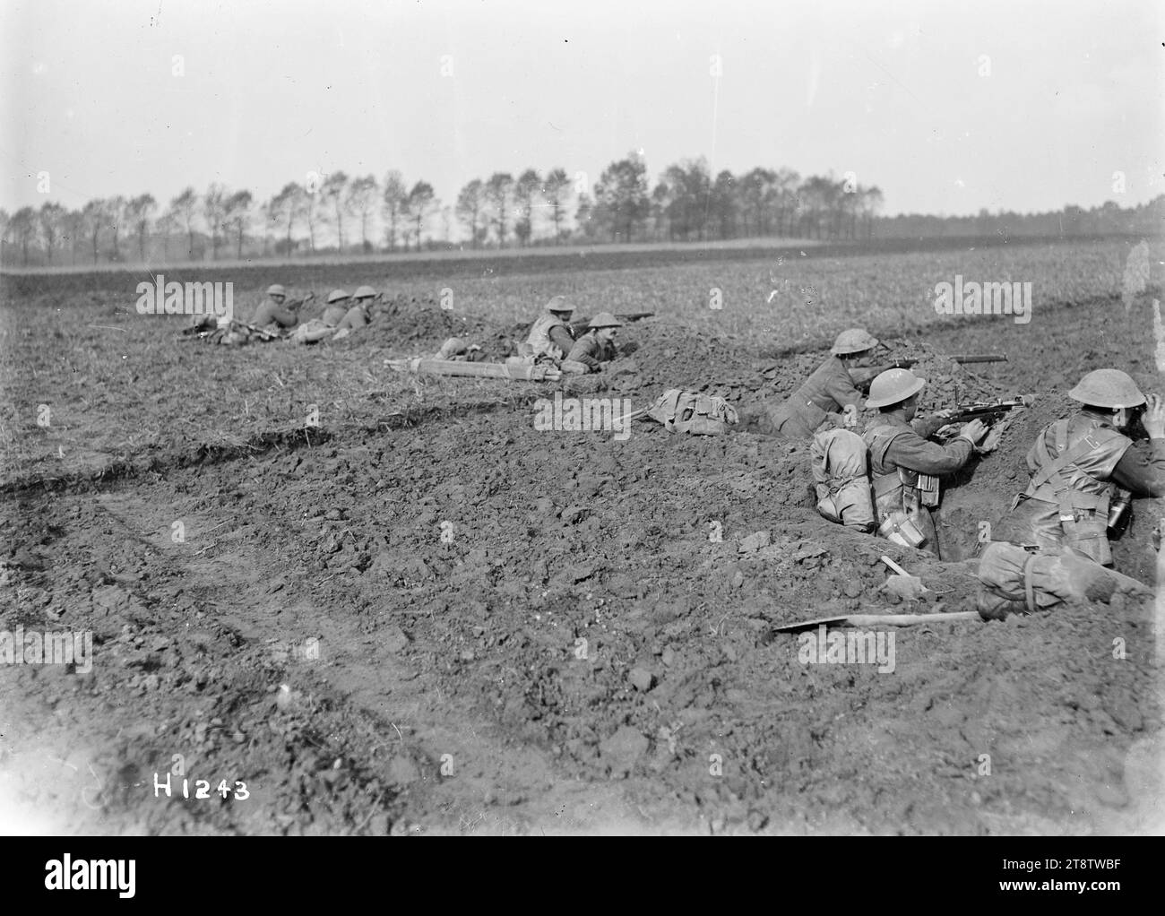 Ligne de front de la Nouvelle-Zélande dans un champ près du Quesnoy, Nouvelle-Zélande troupes à la ligne de front dans un champ près du Quesnoy, France. Ils portent des fusils. Photographie prise 1918 Banque D'Images