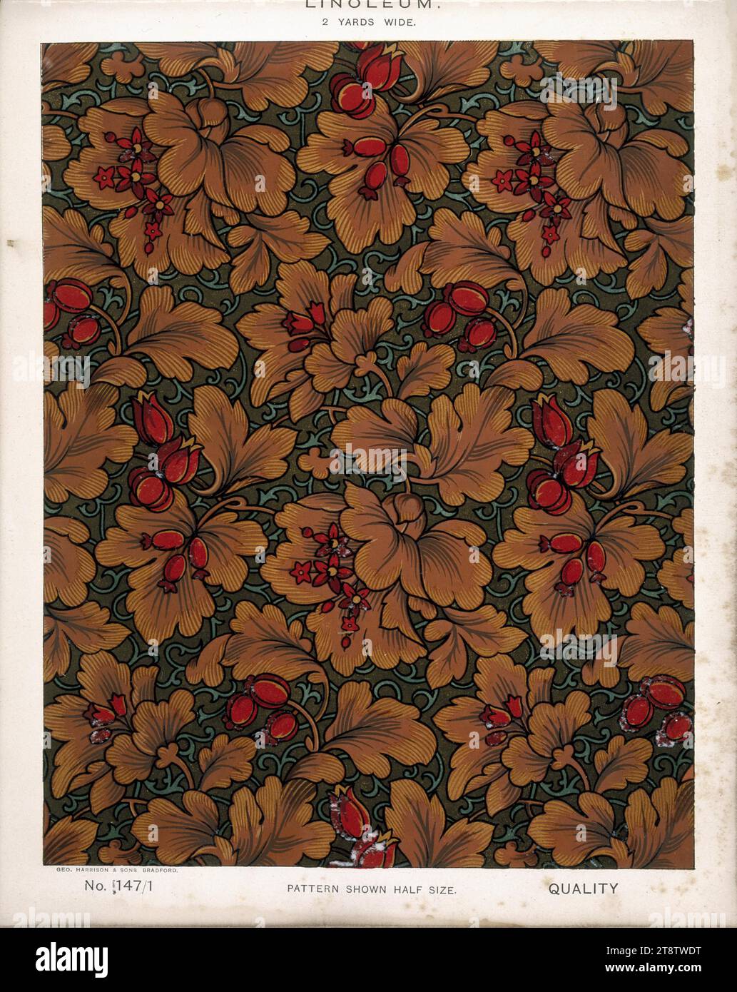 George Harrison & Co (Bradford) : linoléum, 2 mètres de large. Motif floral et feuille victorien, influencé par le design William Morris. No 147/1. Motif illustré de demi-taille. 1880s?, montre un motif floral et de feuilles, dans un design influencé par le mouvement Arts and Crafts Banque D'Images