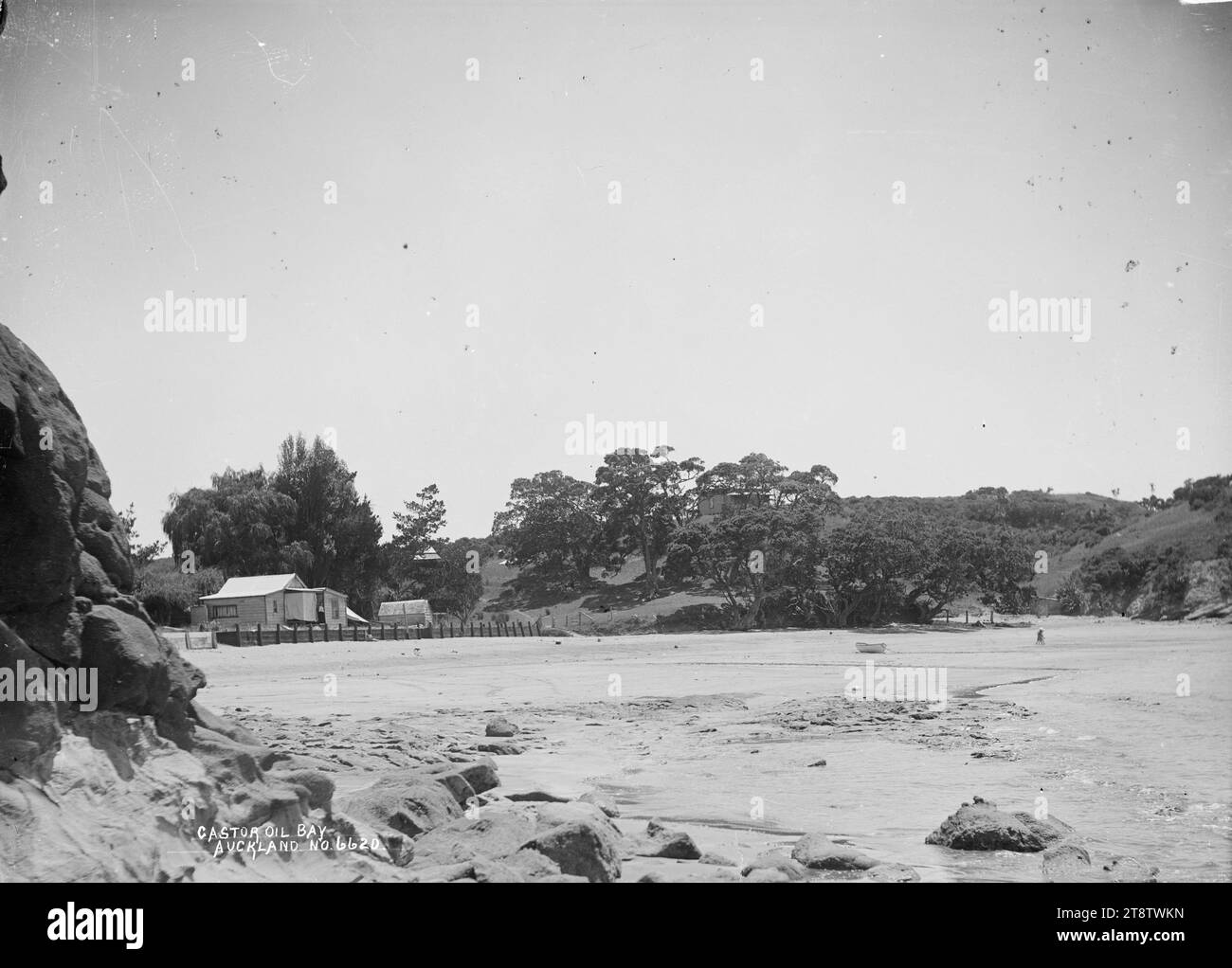 Castor Bay, Auckland, Nouvelle-Zélande, vue prise de l'extrémité est de la plage à marée basse regardant vers la terre derrière la plage. Un bach peut être vu près de l'estran. Prise au début des années 1900 Banque D'Images