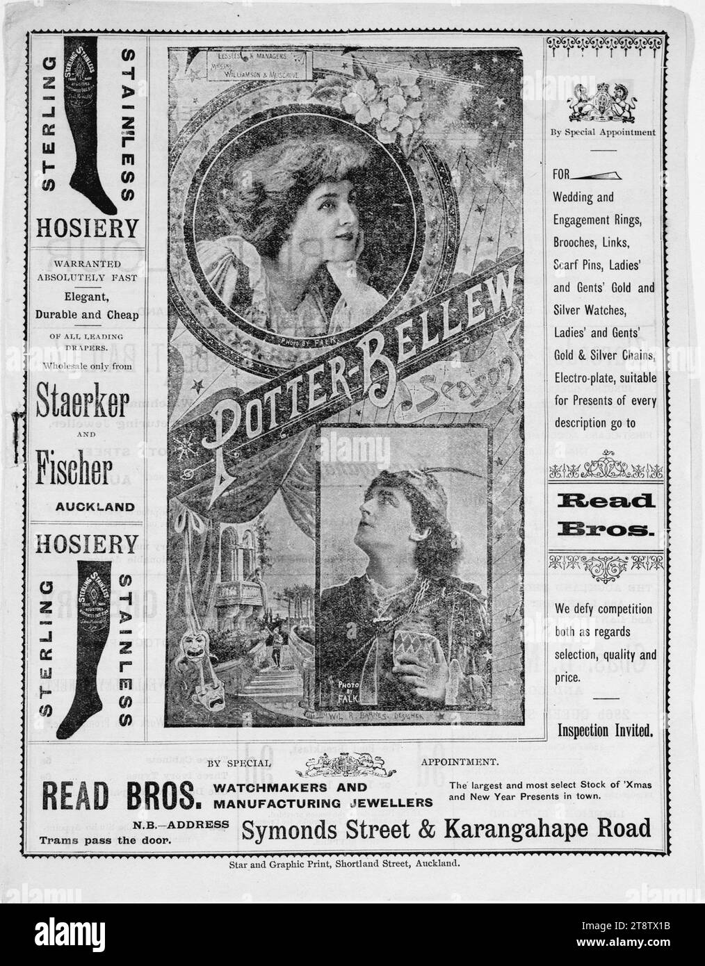 Opera House (Auckland, Nouvelle-Zélande) : saison Potter-Bellew. Locataires et gérants Messieurs Williamson et Musgrove / Wil R Barnes, designer. Couverture du programme. 1897, montre des portraits tête et épaule de Mme Brown Potter et M. Kyrle Bellew, qui ont joué Rosalind et Orlando dans "As You Like IT", à la mi-janvier 1897. Les portraits proviennent de photographies de Falk. Autour sont des scènes de stars dans le timide et la scène de balcon de «Roméo et Juliette». Sur les côtés de la couverture se trouvent des publicités pour Sterling Stainless Hosiery (en vente chez Staerker et Fischer), et Read Brothers, bijoutiers Banque D'Images