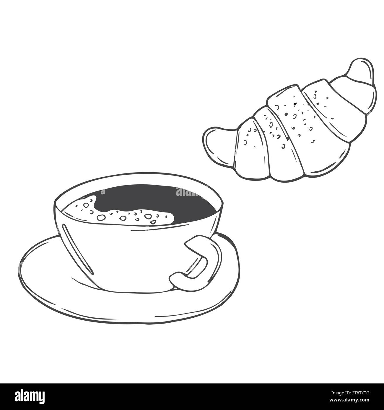 Illustration de trame de gravure de café et croissant fast food. Imitation de style planche à gratter. Noir et blanc Illustration de Vecteur