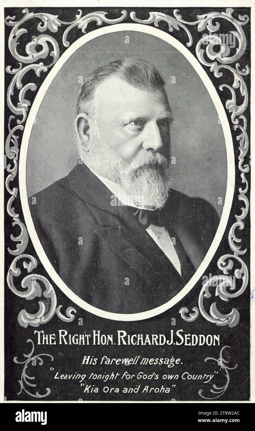 Carte postale. Le très honorable Richard Seddon ; son message d'adieu - partir ce soir pour le propre pays de Dieu. Kia Ora et Aroha. CA 1906, carte postale. Le très honorable Richard Seddon ; son message d'adieu - 'partir ce soir pour le propre pays de Dieu'. Kia Ora et Aroha. ca 1906 Banque D'Images