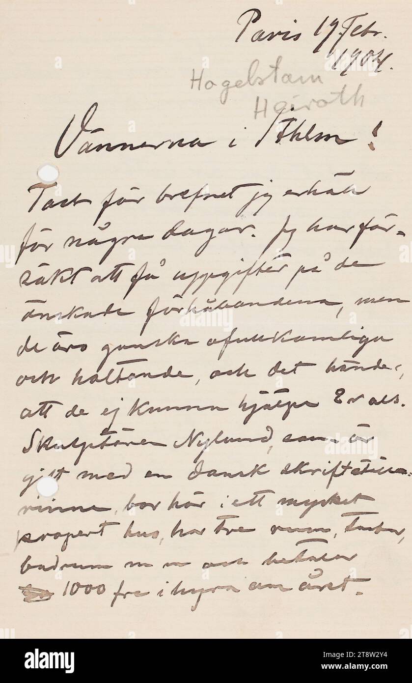 Lettres envoyées, Hugo Simberg à Mascha Hagelstam 19.2,1904, Paris Banque D'Images