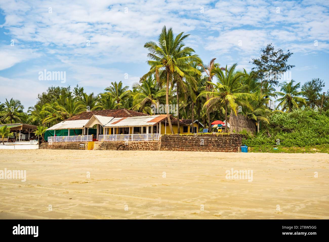 cocotiers sur la côte de l'océan près de cabane tropicale ou café ouvert sur la plage avec chaises longues Banque D'Images
