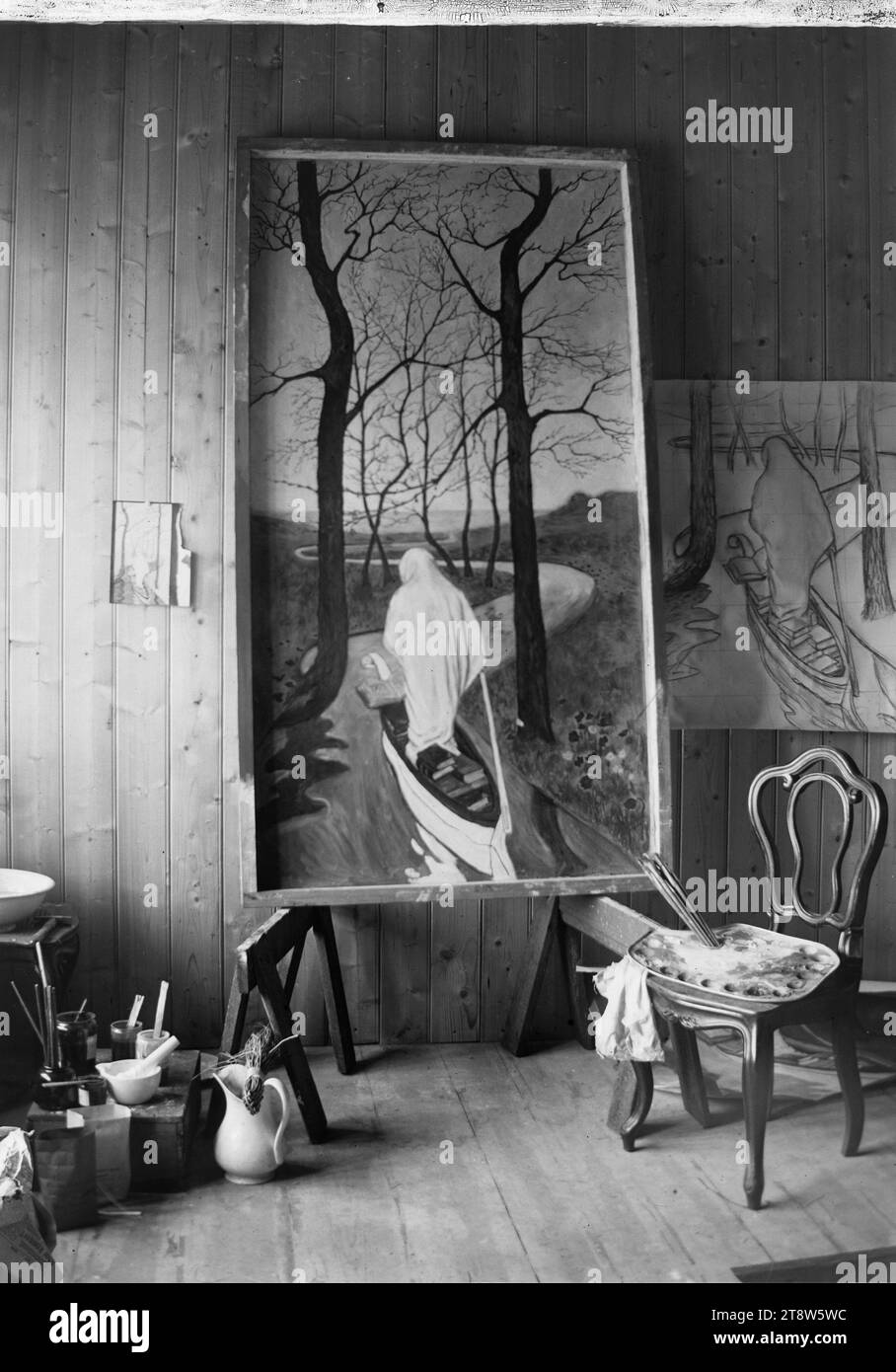 Hugo Simberg, 24.6,1873, Hamina, 12.7,1917, Ähtäri, dans l'atelier, sur tréteaux la fresque le courant de la vie, 1896, 165 × 119 mm, studio, vie, peinture, palette, président, actuel (flux), autres personnes Banque D'Images