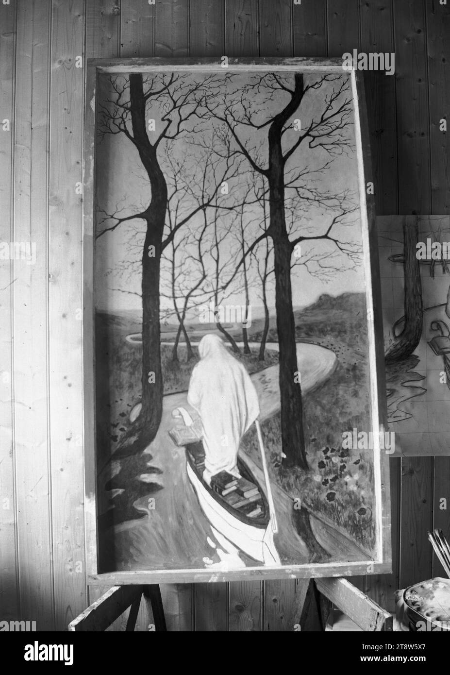 Hugo Simberg, 24.6,1873, Hamina, 12.7,1917, Ähtäri, dans l'atelier, sur tréteaux la fresque le flux de vie, 1886, 165 × 119 mm, studio, vie, peinture, palette, courant (flux), autres personnes Banque D'Images