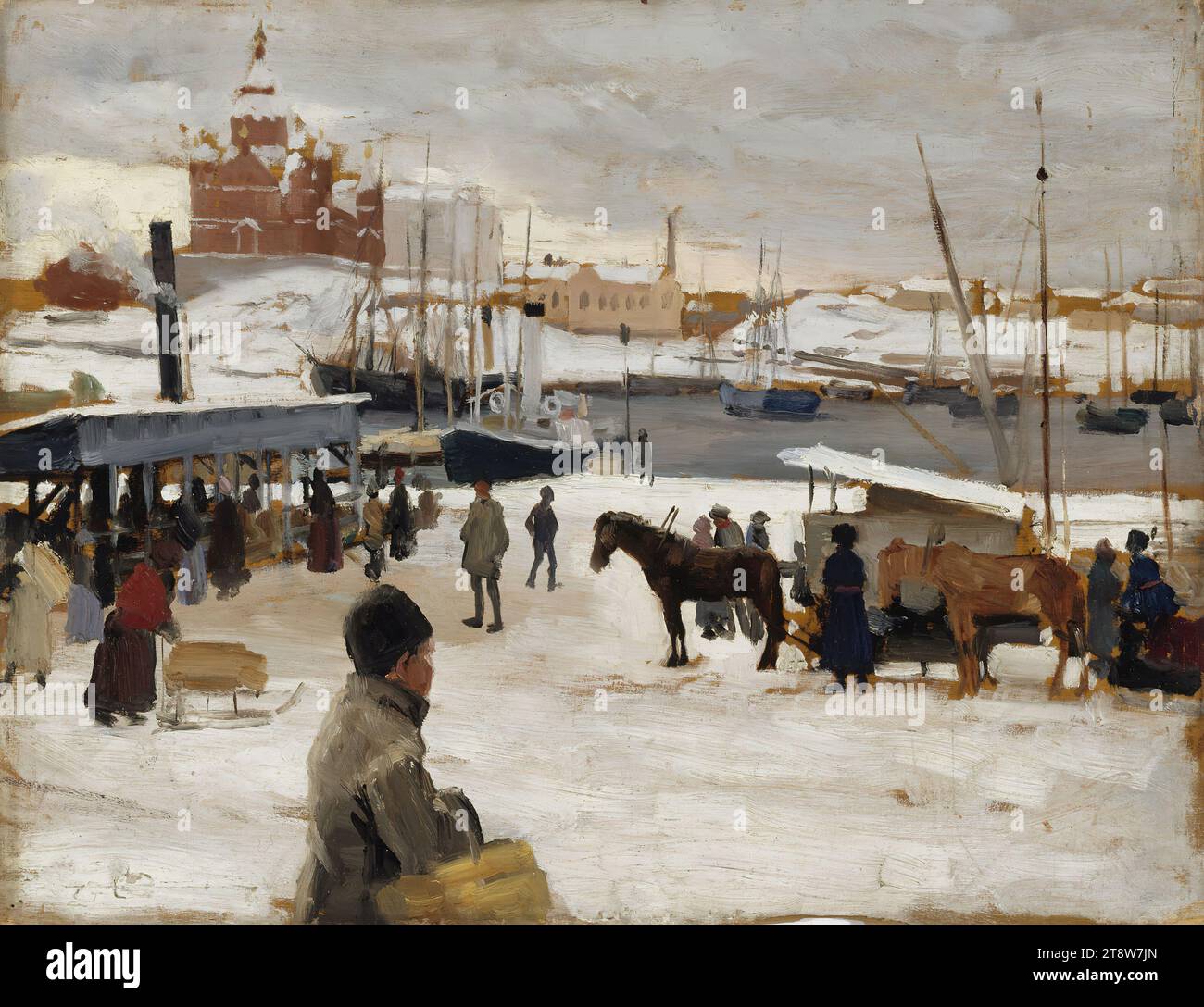 Albert Edelfelt, 21.7,1854, Kiiala Manoir, Porvoo municipalité, 18.8,1905, Haikko, municipalité de Porvoo, Journée d'hiver sur la place du marché d'Helsinki, étude, esquisse pour la Journée d'hiver sur la place du marché d'Helsinki, 1889, 31,5 × 41 cm, huile, bois Banque D'Images