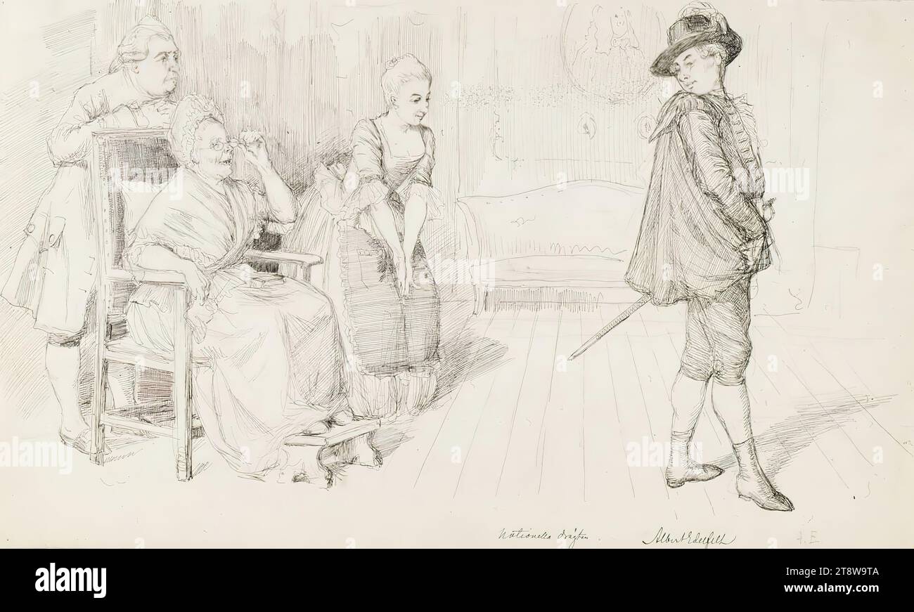 Albert Edelfelt, 21.7,1854, Kiiala Manoir, Porvoo municipalité, 18.8,1905, Haikko, municipalité de Porvoo, costumes nationaux, Illustration pour Svenska bilder av Carl Snoilsky, le poème quarante ans plus tard, 1891 - 1894, 23,5 × 39 cm, encre Banque D'Images