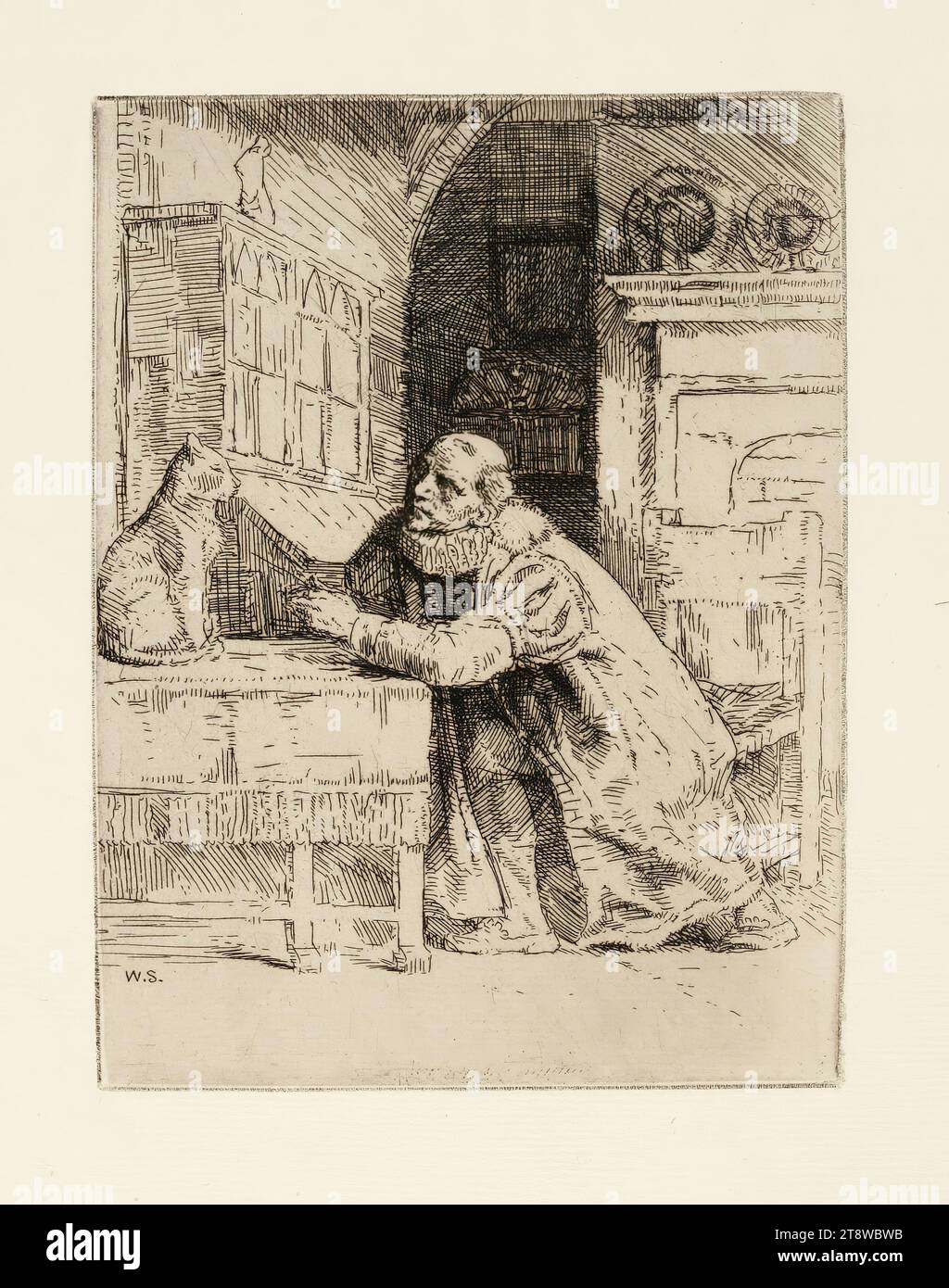 William Strang, 3,2.1859, 12.4,1921, Montaigne et un chat. Illustration par Izaak Walton et Charles Cotton The Compleat Agler, 1902, 15 × 11 cm, gravure Banque D'Images William Strang, 3,2.1859, 12.4,1921, Montaigne et un chat. Illustration par Izaak Walton et Charles Cotton The Compleat Agler, 1902, 15 × 11 cm, gravure Banque D'Images
