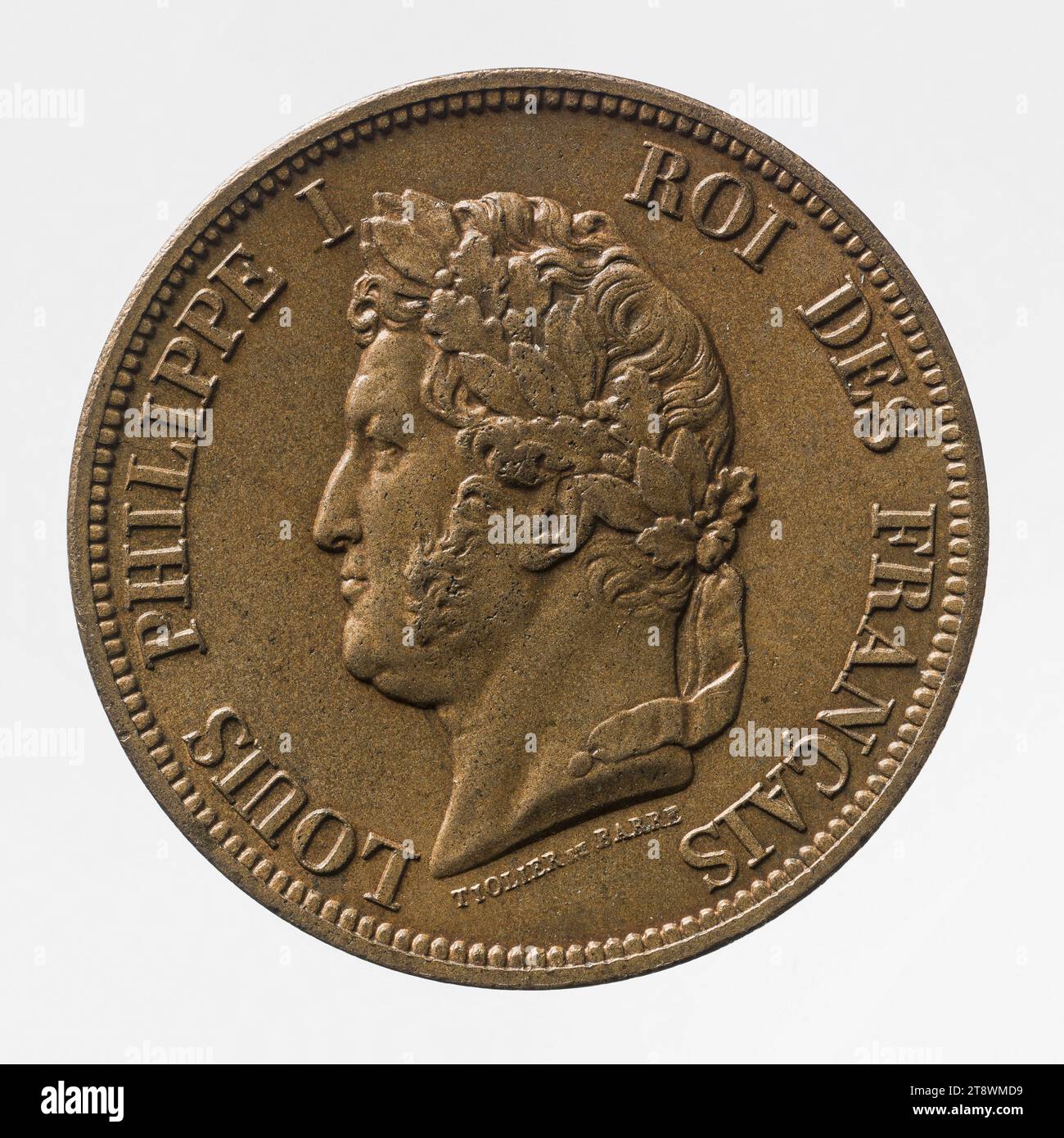 Pièce de 10 centimes de franc des colonies françaises sous Louis-Philippe, 1843, Tiolier, Nicolas-Pierre, graveur en médailles, barre, Jacques-Jean, graveur en médailles, en 1843, numismatique, monnaie, Paris, Paris, diamètre : 2,8 cm, poids (dimension type) : 19,83 g. Banque D'Images