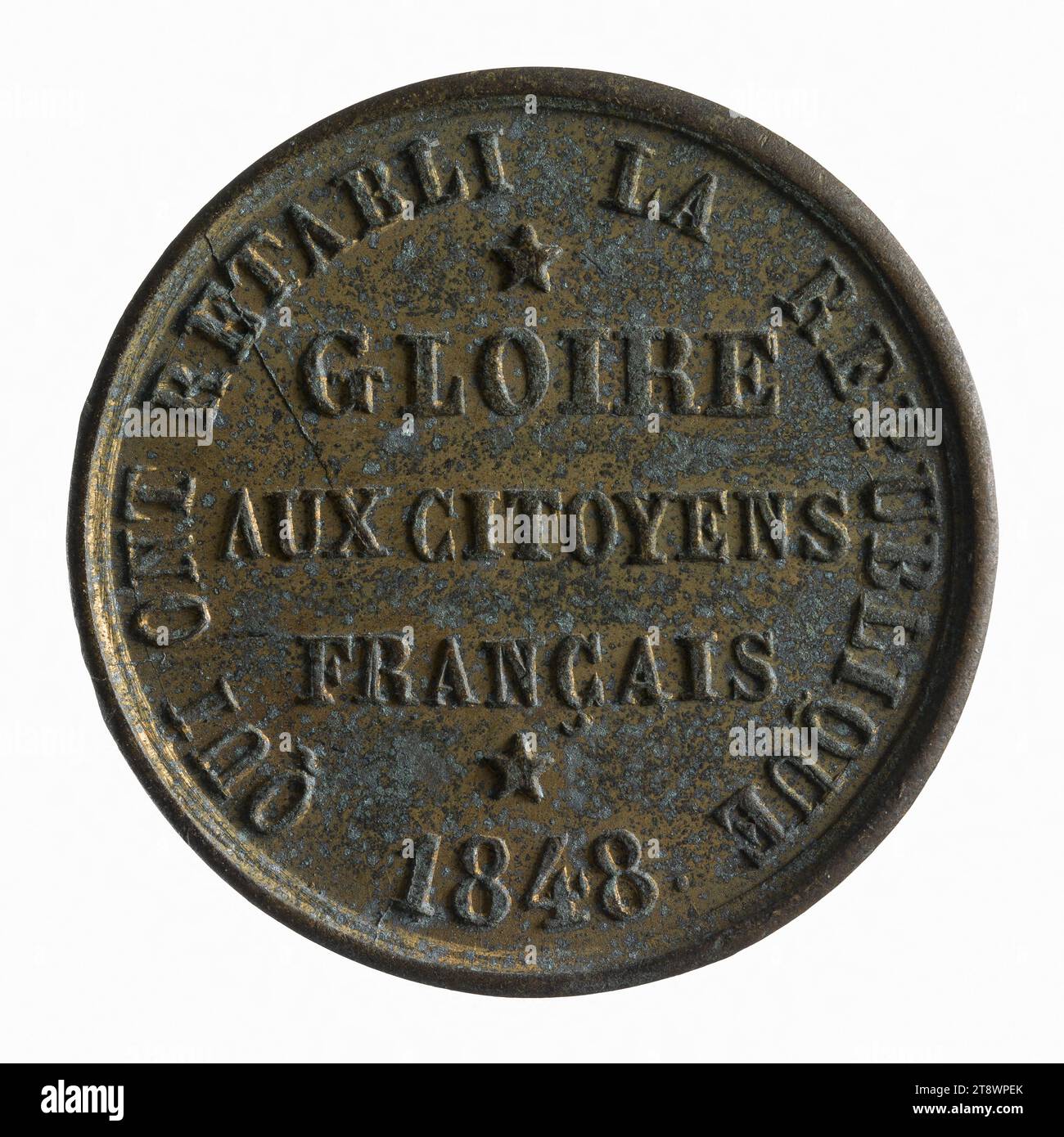 Restauration de la République, 1848, Anonyme, circa 1848, 19e siècle, numismatique, Médaille, laiton, Paris, Dimensions - oeuvre : diamètre : 2,4 cm, poids (dimension type) : 9,12 g. Banque D'Images