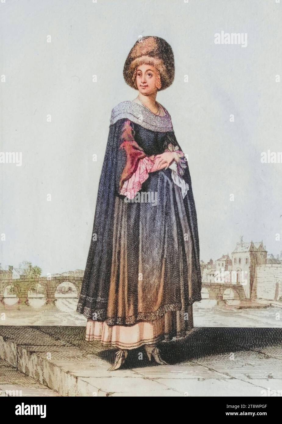 Tracht, Bekleidung, eine Frau aus Regensburg UM 1700, Bayern, Deutschland, Kupferstich von Caspar Luyken von 1703, digital restaurierte Reproduktion von einer Vorlage aus dem 18. Jahrhundert / Banque D'Images
