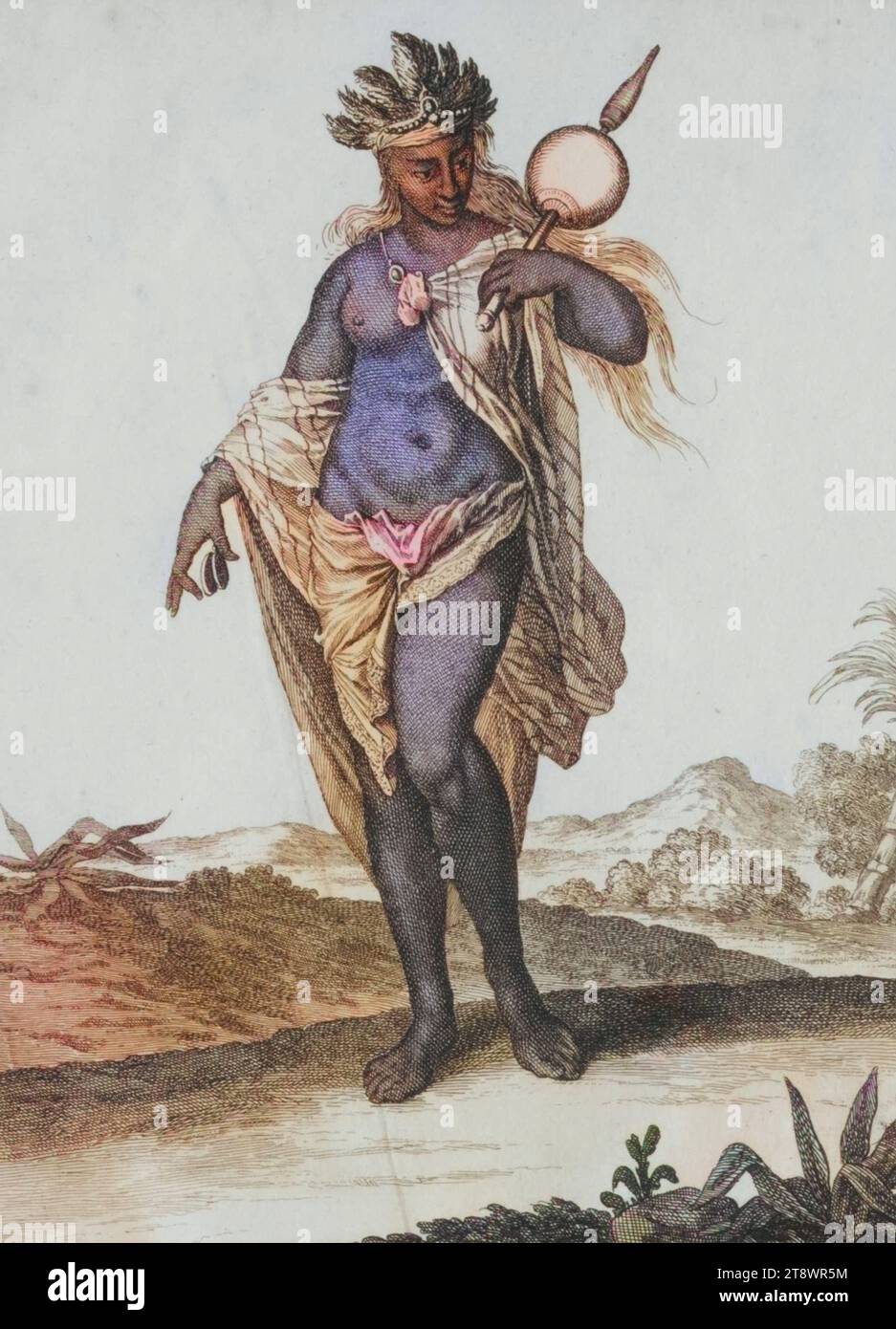 Tracht, Bekleidung West-Indianischer Königin, Indianer, Amerika, Häuptlingsfrau, beim Tanz, UM 1700, Kupferstich von Caspar Luyken von 1703, digital restaurierte Reproduktion von einer Vorlage aus dem 18. Jahrhundert / Costume traditionnel, vêtement d'une reine des Antilles, indienne américaine, épouse du chef, lors d'une danse, c. 1700, gravure sur cuivre par Caspar Luyken de 1703, reproduction restaurée numériquement à partir d'un original du 18e siècle Banque D'Images