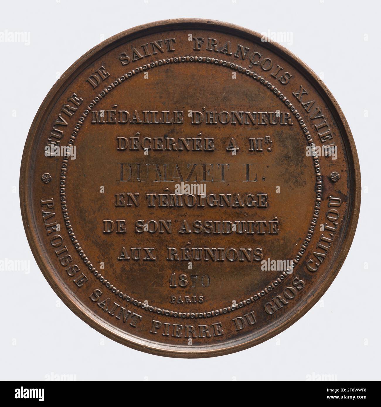 Médaille d'honneur des œuvres de Saint François Xavier dans la paroisse