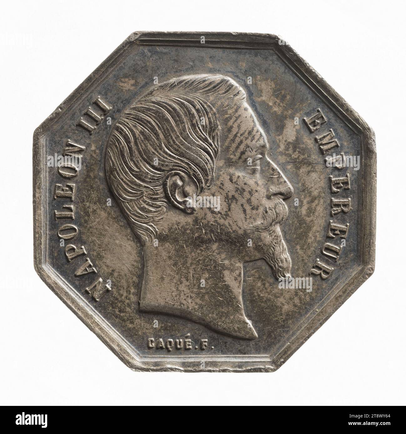 Le Soleil : compagnie d'assurances, second Empire, Caqué, Armand-Auguste, graveur en médailles, numismatique, jeton (numismatique), argent, Dimensions - travail : diamètre : 3,1 cm, poids (dimension type) : 15,12 g. Banque D'Images