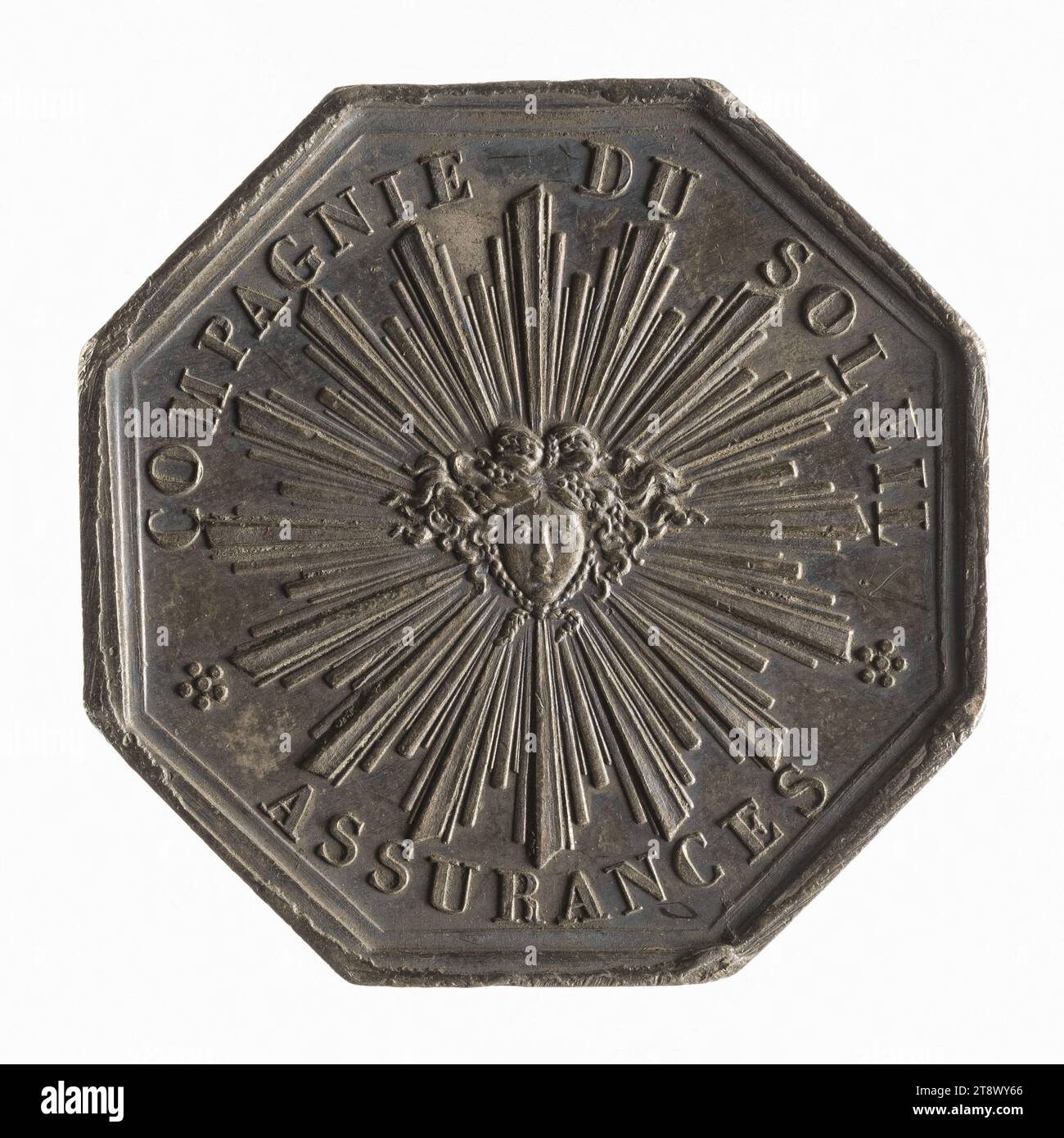 Le Soleil : compagnie d'assurances, second Empire, Caqué, Armand-Auguste, graveur en médailles, numismatique, jeton (numismatique), argent, Dimensions - travail : diamètre : 3,1 cm, poids (dimension type) : 15,12 g. Banque D'Images