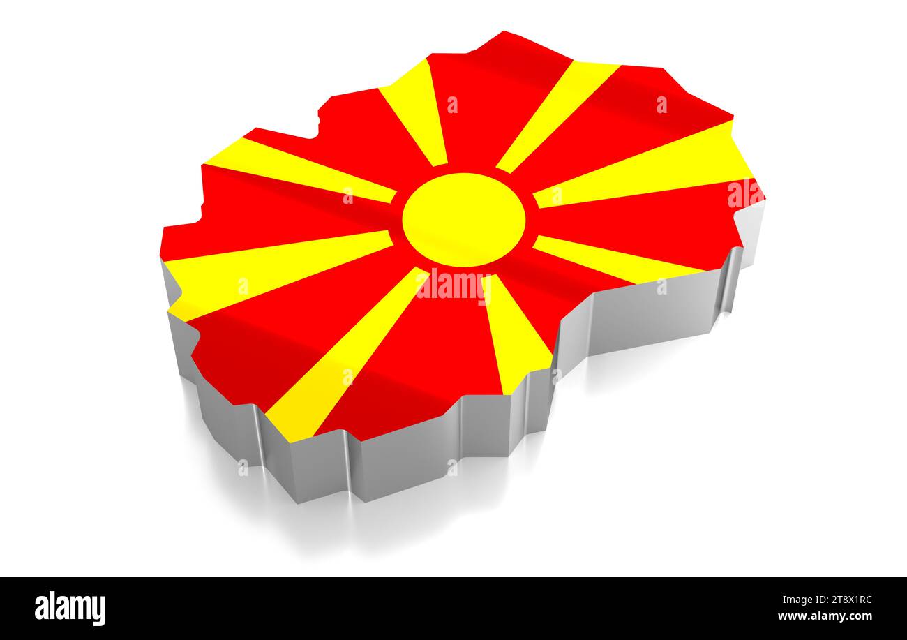 Macédoine du Nord - frontières du pays et drapeau - illustration 3D. Banque D'Images