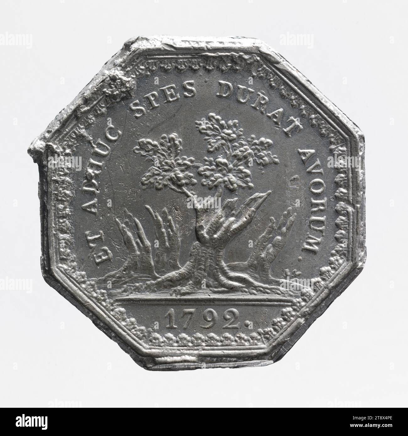 Preuve uniface d'un jeton avec la devise Rohan-Chabot, premier type, 1792, Dupré, Augustin ou Auguste, graveur en médailles, en 1792, 4e quart du 18e siècle, Numismatique, Token (numismatique), Tin, Paris, dimensions - travail : hauteur : 3,1 cm, largeur : 3,3 cm, poids (dimension type) : 2,34 g. Banque D'Images