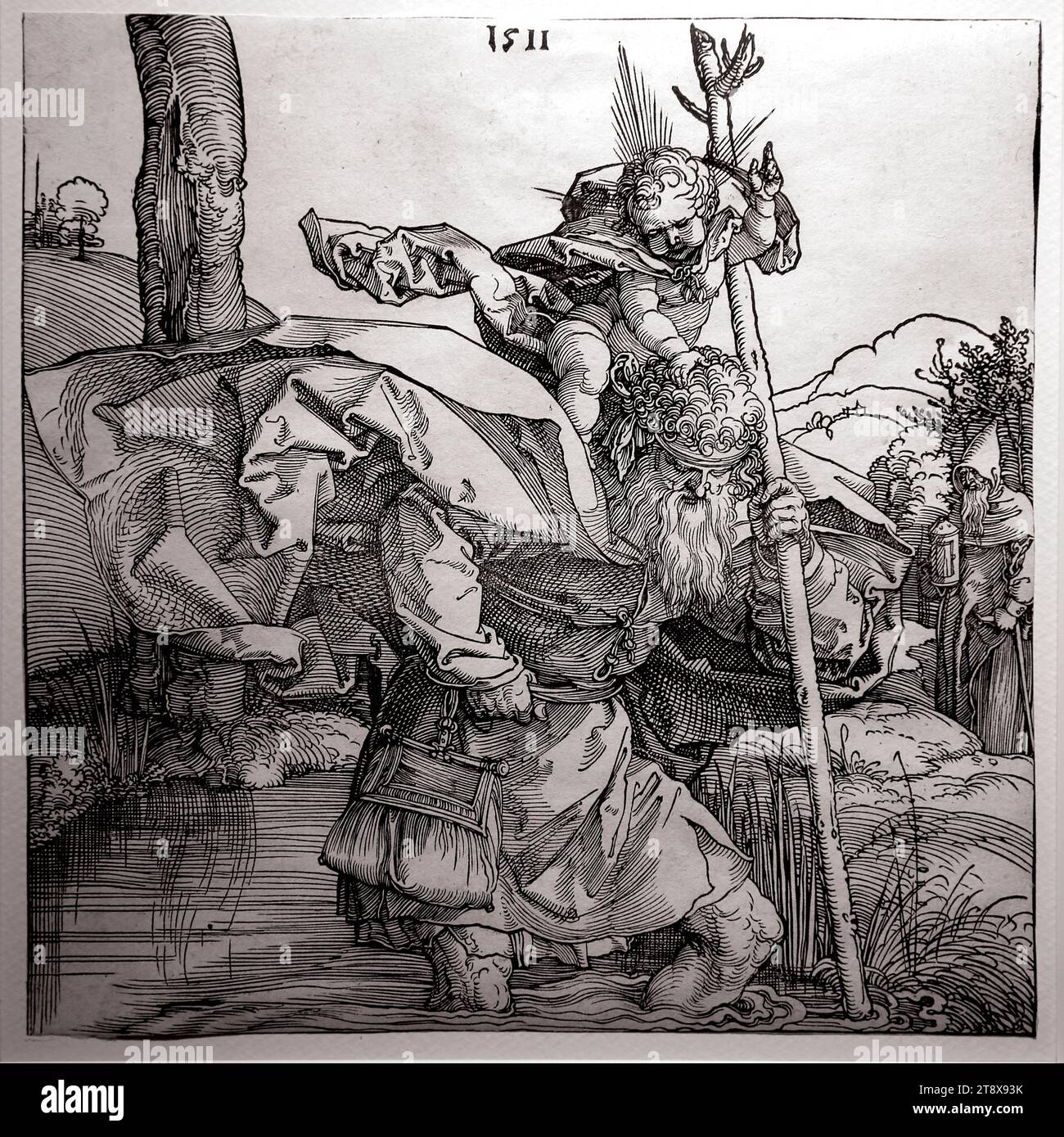 Saint Christophe portant l'enfant Christ. Gravure sur bois, gravure par Abecht durer en 1511. Nuremberg. British Museum, Londres Royaume-Uni. Banque D'Images