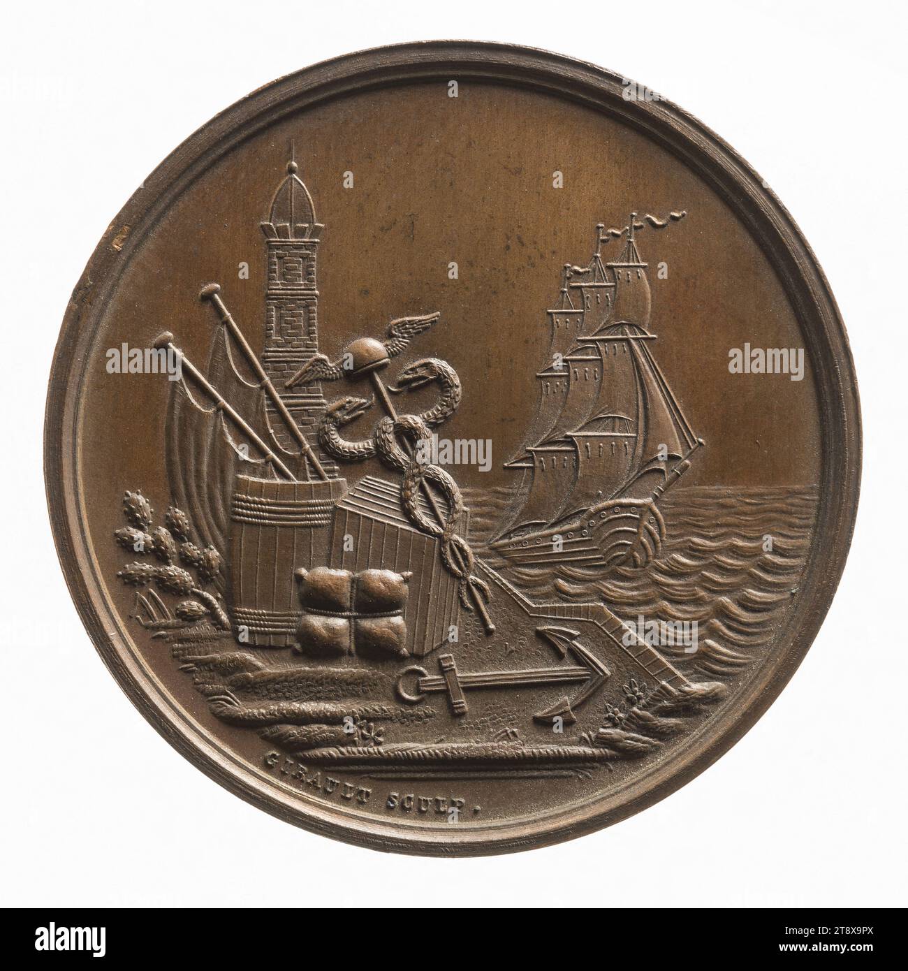 Les Antilles : compagnie d'assurance maritime, 23 juin 1852, Girault (imprimerie), graveur en médailles, en 1852, Numismatique, jeton (numismatique), cuivre, Dimensions - oeuvre : diamètre : 3,2 cm, poids (dimension type) : 17,84 g. Banque D'Images