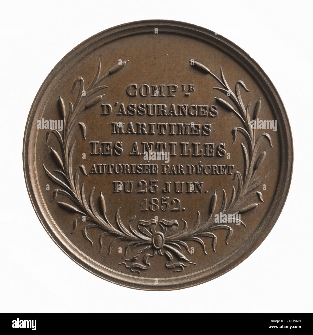 Les Antilles : compagnie d'assurance maritime, 23 juin 1852, Girault (imprimerie), graveur en médailles, en 1852, Numismatique, jeton (numismatique), cuivre, Dimensions - oeuvre : diamètre : 3,2 cm, poids (dimension type) : 17,84 g. Banque D'Images