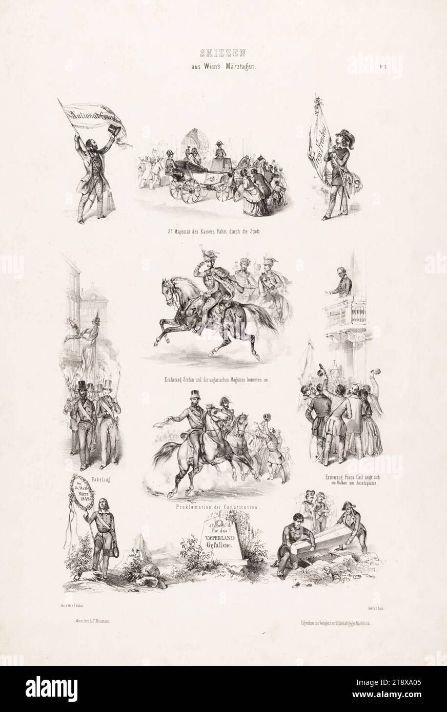 Croquis des Journées de mars de Vienne. N° 2', Franz Kollarz (Kolář) (1825-1894), lithographe, Johann Rauh (1803-1863), imprimeur, Leopold Theodor Neumann (1804-1876), éditeur, 1848, papier, lithographie à la craie, hauteur 53,9 cm, largeur 36,6 cm, beaux-arts, Habsbourg, révolutions de 1848, 1849, étudiant, véhicule à quatre roues tiré par des animaux, ex : Droschke, chariot, entraîneur, cérémonie funéraire, cérémonie funéraire, roi ; empereur, règle, souverain, collection de Vienne Banque D'Images