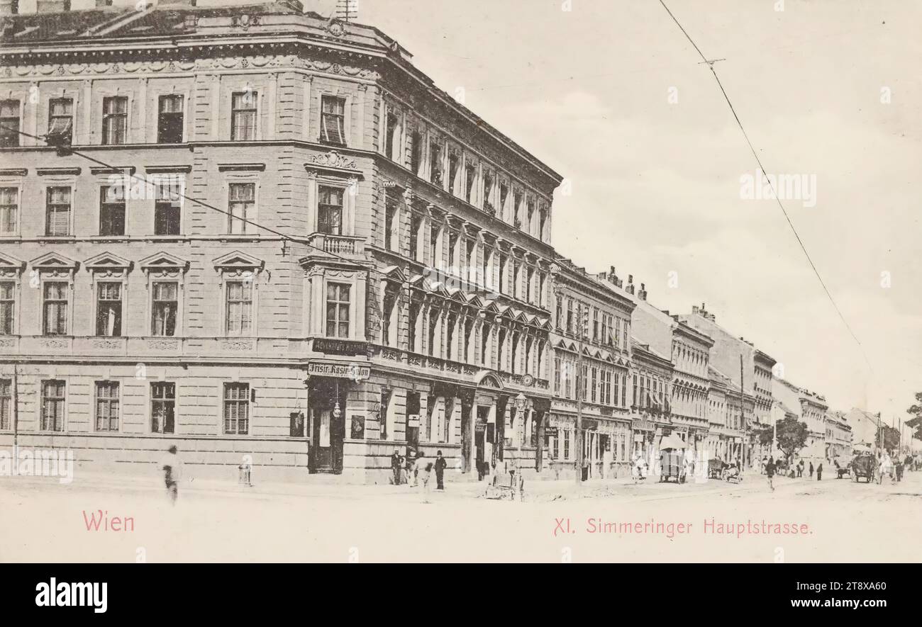 11e, Simmeringer Hauptstraße - avec maison d'angle avec 'Frisir-, Rasir-Salon', carte postale, Sperlings Postkartenverlag (M. M. S.), fabricant, 1900-1905, carton, collotype, hauteur×largeur 9×14 cm, 11e arrondissement : Simmering, rue, la maison habituelle ou rangée de maisons, immeuble de faible hauteur, immeuble résidentiel, maison avec magasin, avec des gens, véhicule à quatre roues, tiré par des animaux, p.ex. : Droschke, voiture, wagon, wagon (fermier), wagon de marchandises, charrette., la collection de Vienne Banque D'Images