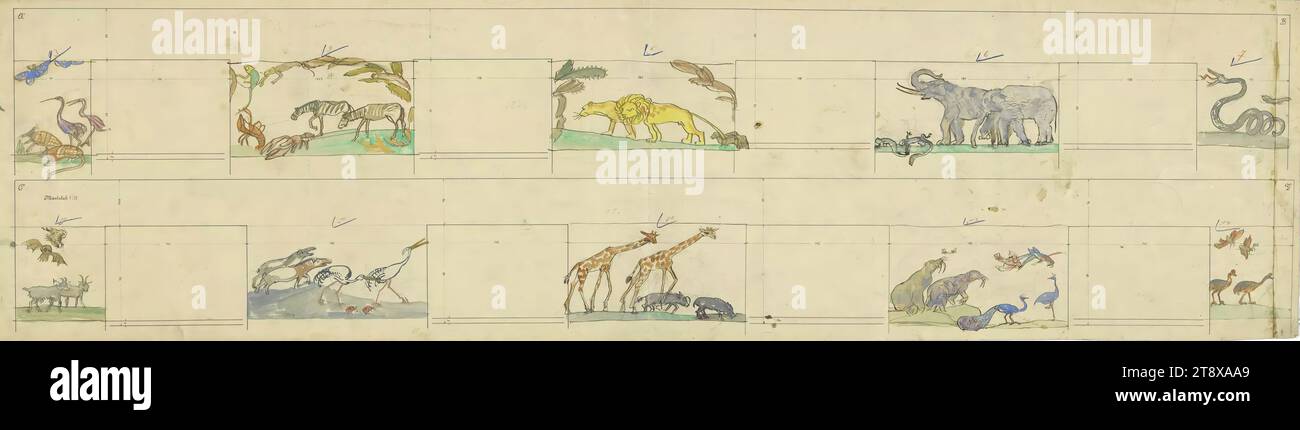 Design pour la frise murale Arche de Noé : plan détaillé zèbre, lion, éléphant..., Oskar Laske (1874-1951), artiste, 1918, papier, encre, aquarelles, crayon, crayon de couleur, taille de feuille 34.7×129,8 cm, Beaux-Arts, animaux, la collection Vienne Banque D'Images