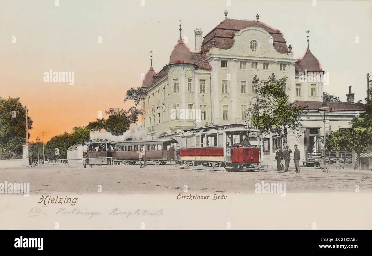 13th, Hietzinger Hauptstraße 30-32 - Ottakringer Bräu (aujourd'hui Restaurant Plachutta), carte postale, Hans Nachbargauer, Producteur, 1903-1904, carton, colorisé à la main, hauteur×largeur 9×14 cm, Hôtellerie et Restauration, Transports publics, circulation et transports, 13e arrondissement : Hietzing, chemin de fer, tramway ; chemin de fer à crémaillère, avec les gens, la collection Vienne Banque D'Images