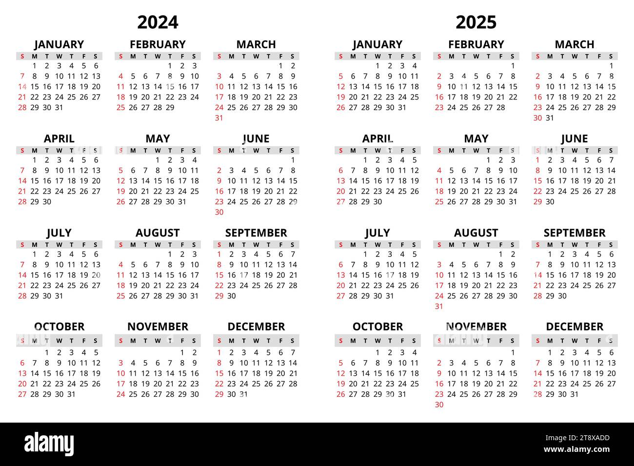Calendrier vertical Vector 2024 et 2025. Illustration moderne 