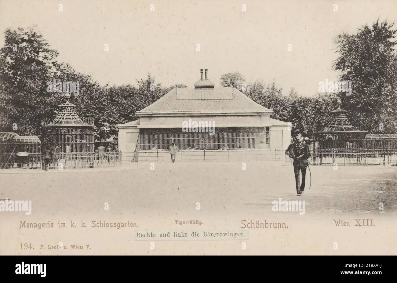 13e, Zoo de Schönbrunn - Ménagerie - cage à tigres et chenil à ours, carte postale, P. Leclerc, maison d'édition, Date avant 1905, carton, Collotype, hauteur×largeur 9×14 cm, attractions, Habsbourg, parc, animaux, 13e arrondissement : Hietzing, jardins publics, parc, zoo (comme lieu de loisirs), avec les gens, la collection de Vienne Banque D'Images