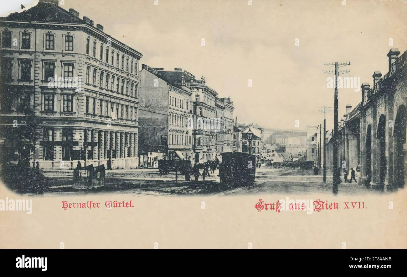 17e, Hernalser Gürtel - avec arches de chemin de fer de ville, carte postale, Carl (Karl) Ledermann Jr, fabricant, date vers 1898, carton, collotype, hauteur×largeur 9×14 cm, transports en commun, chemin de fer urbain, circulation et transports, 17e arrondissement : Hernals, rue, la maison habituelle ou rangée de maisons, faible hauteur, logement, maison combinée avec magasin, avec les gens, la collection de Vienne Banque D'Images