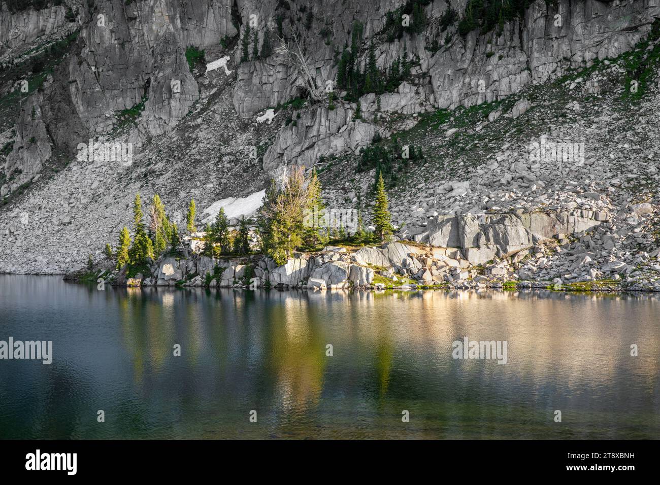 OR02641-00....OREGON - mur rocheux et arbres au lac Mirror, Eagle Cap Wilderness, forêt nationale Wallowa-Whitman. Banque D'Images