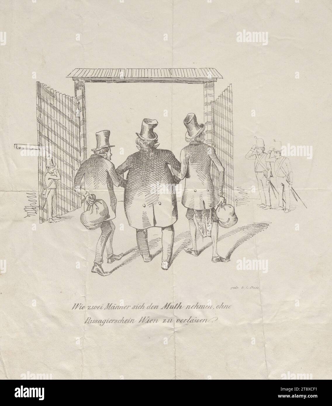 Comment deux hommes prennent courage (...)' (Caricature sur l'évasion du chef de la police viennoise Peter von Muth en 1848), L. Deiss, imprimeur, 1848, papier, plume et lithographie à encre, hauteur 26, 5 cm, largeur 23 cm, caricature, satire, évasion, révolutions de 1848, 1849, vol, fuyant ; poursuivant, mec, la collection de Vienne Banque D'Images