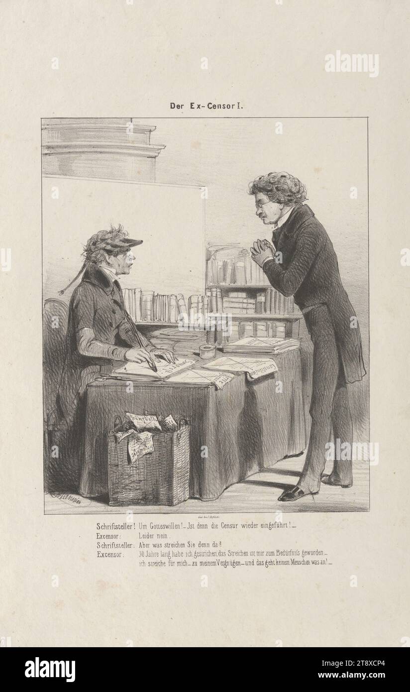 L'ex-censeur I.' (caricature sur la censure), Anton Zampis (1820-1883), lithographe, Johann Höfelich (1796-1849), Imprimeur, 1848, papier, lithographie à la craie, hauteur 44, 8 cm, largeur 29, 3 cm, caricature, satire, médias et communication, révolutions de 1848, 1849, censure, écrivain, poète, auteur, The Vienna Collection Banque D'Images