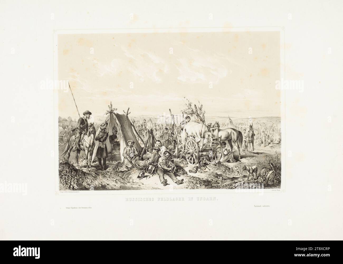 CAMP DE CAMPAGNE RUSSE EN HONGRIE.', Josef Anton Strassgschwandtner (1826-1881), lithographe, Johann Rauh (1803-1863), Imprimeur, Josef Bermann (1810-1886), éditeur, 1849, papier, lithographie à la craie, hauteur 45, 7 cm, largeur 61, 9 cm, militaire, révolutions de 1848, 1849, Beaux-Arts, le soldat ; la vie du soldat, camp (militaire) avec tentes, la collection de Vienne Banque D'Images