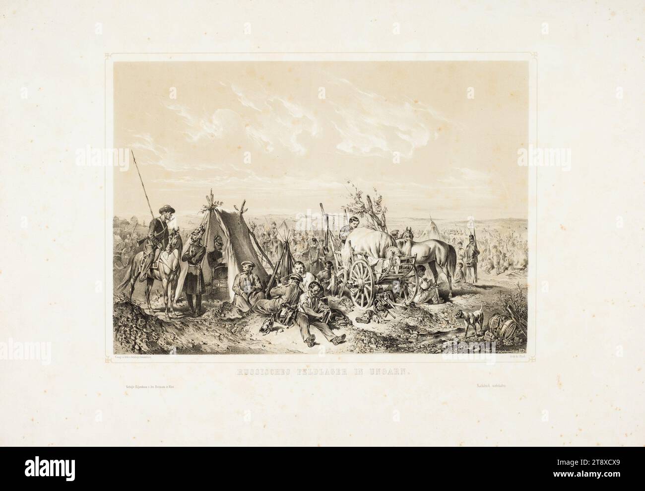 CAMP DE CAMPAGNE RUSSE EN HONGRIE.', Josef Anton Strassgschwandtner (1826-1881), lithographe, Johann Rauh (1803-1863), Imprimeur, Josef Bermann (1810-1886), éditeur, 1849, papier, lithographie à la craie, hauteur 45, 5 cm, largeur 62 cm, militaire, révolutions de 1848, 1849, beaux-arts, le soldat ; la vie du soldat, camp (militaire) avec tentes, la collection Vienne Banque D'Images