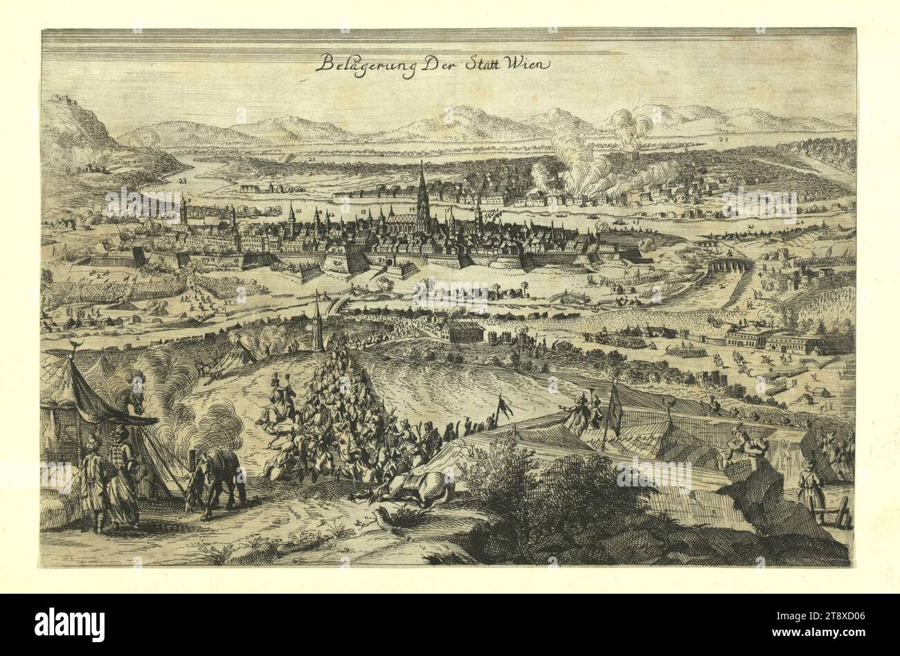 Siège de Vienne', Inconnu, 1683, papier, gravure sur cuivre, hauteur 17, 7 cm, largeur 26, 6 cm, Siège ottoman de Vienne, Guerre et événements de guerre, Beaux-Arts, vue sur la ville et paysage avec constructions artificielles, siège, camp (militaire) avec tentes, Vienne, la collection Vienne Banque D'Images