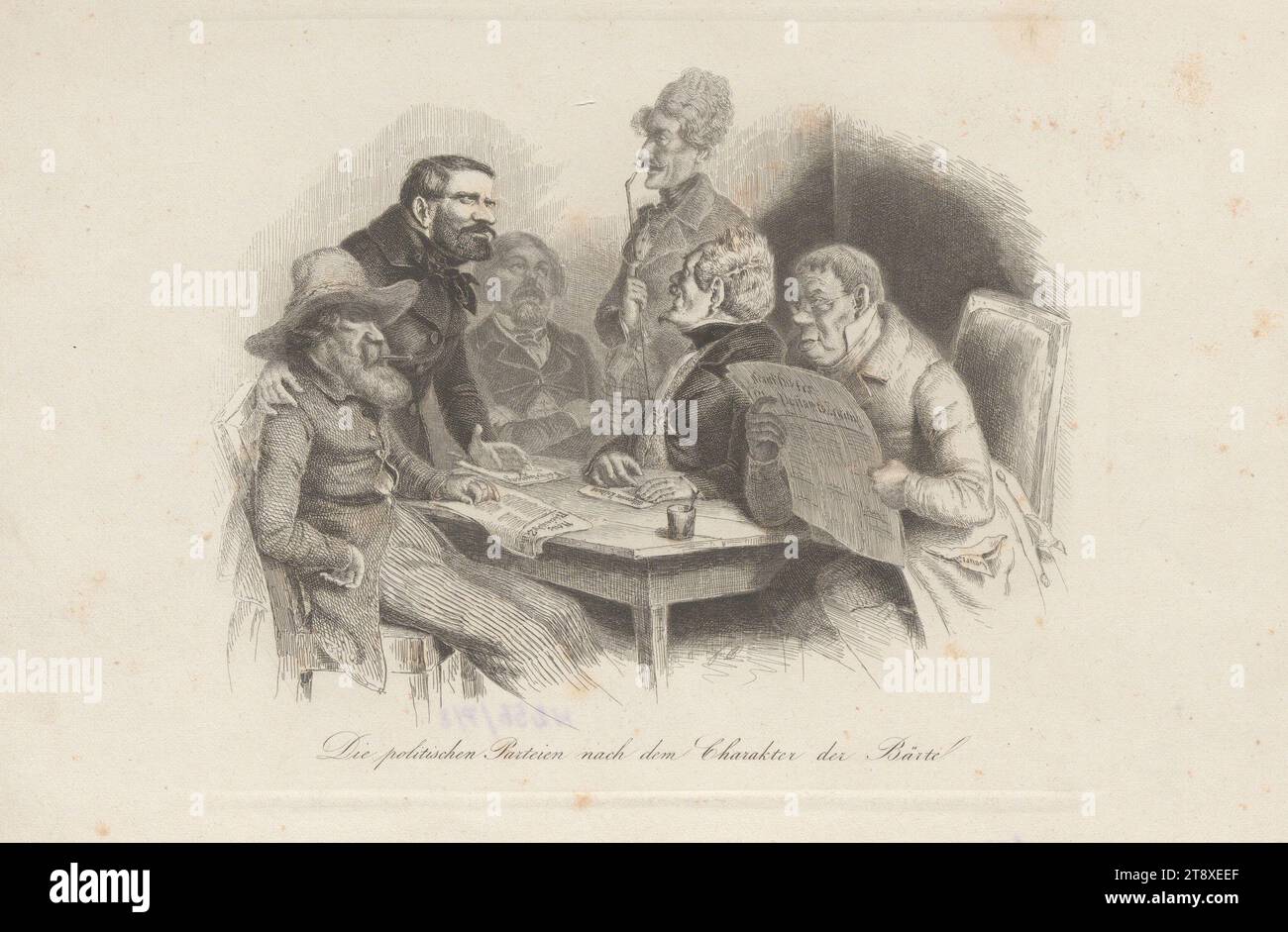 Les partis politiques selon le caractère des barbes.' (Caricature), August Friedrich Pecht (1814-1903), graveur, Georg Wigand (1808-1858), éditeur, 1848, papier, gravure, hauteur 19, 1 cm, largeur 27, 9 cm, caricature, satire, politique, révolutions de 1848, 1849, politicien, The Vienna Collection Banque D'Images