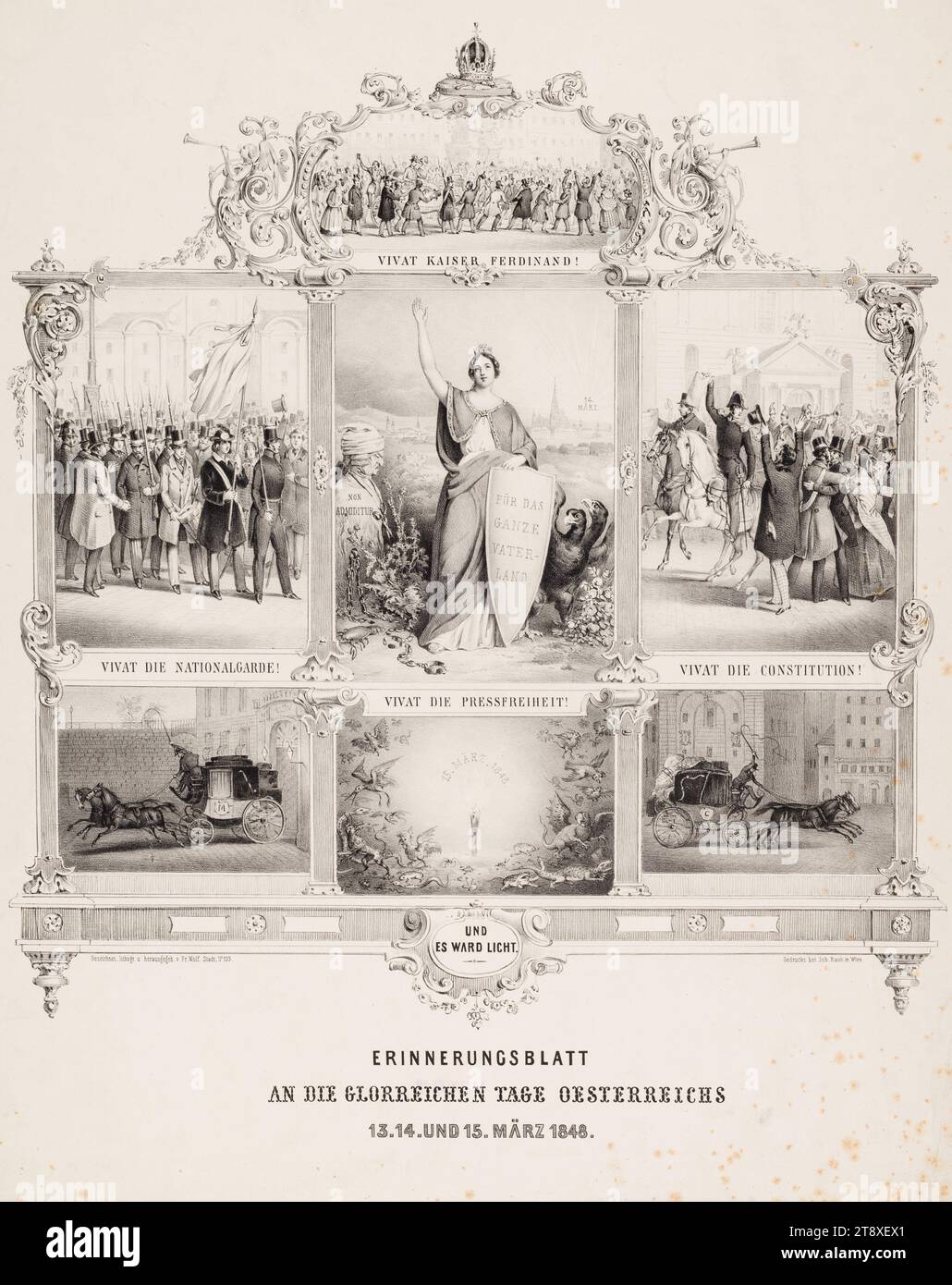 BLOC-FEUILLET, DES JOURS GLORIEUX DE L'AUTRICHE, 13, 14 ET 15 MARS 1848. Franz Wolf (1795-1859), lithographe, Johann Rauh (1803-1863), Imprimeur, 1848, papier, lithographie à la craie, hauteur 61, 4 cm, largeur 49, 3 cm, Beaux-Arts, militaire, révolutions de 1848, 1849, véhicule à quatre roues, tiré par des animaux, p.ex. cabine, voiture, coach, le soldat ; la vie du soldat, la collection de Vienne Banque D'Images